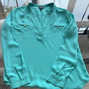 Mossimo Supply Co. Teal Split V-Neck Blouse with Gold Accents